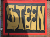 829722 Afbeelding van graffiti met de tekst STEEN ( STEEN is de Utrechtse rapper Stijn Kosterman), op het raam in de ...